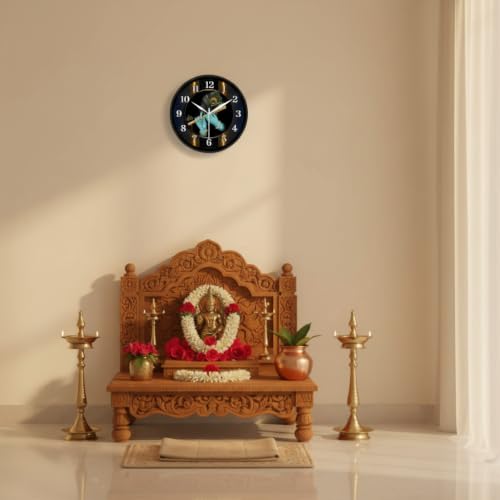 Image of Lord Krishna Flute & Peacock Feather Wall Clock for Puja Room & Living Room | Round Analog Silent Non-Ticking Hindu Spiritual Decor Watch | Mor Pankh Bansuri Timepiece