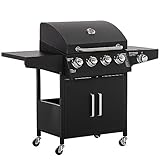 Outsunny Gasgrill BBQ mit 3 Brennern je 3 kw mobiler Grillwagen mit 4 Rädern Grillnetz Seitentischen Druckminderer Schläuche Schrank Multifunktion Metall Schwarz 132,4cm x 55cm x 109cm