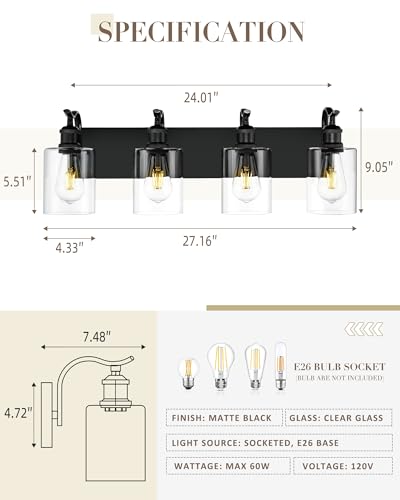 Image of 4-Light Black Bathroom Light Fixture Over Mirror, Modern Vanity Light, Clear Glass Wall Sconce, VL01BK-4