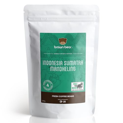 Indonesian Medium Dark Roast Strong Coffee Beans 227g – Brown Bear Indonesia Sumatra Mandheling – Strength 4 – For All Espresso Coffee Machines – Donation to Free The Bears Indonesian Medium Dark Roast Strong Coffee Beans 227g – Brown Bear Indonesia Sumatra Mandheling – Strength 4 – For All Espresso Coffee Machines – Donation to Free The Bears