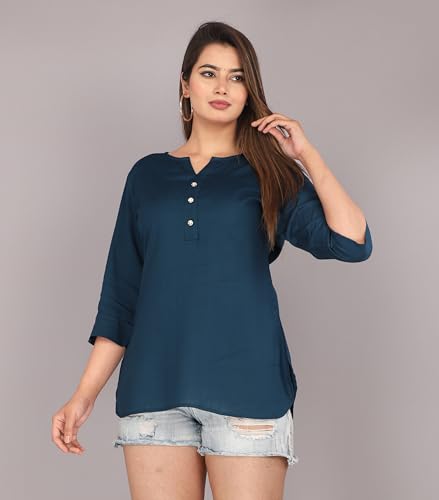 Image of Himanshi enterprises Women's Traditional Casual 3 /4 Sleeves Mandarin Nack Rayon Solid Short Kurti