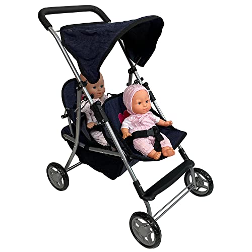 Double Baby Doll Stroller For Twin Dolls | Toy Doll Stroller For Toddlers, 4 Year Old, 5 Year Old Girls, 8 Year Old | 25” Tandem Play Toy Stroller For Baby Dolls, Denim Baby Stroller For Dolls #TOP5
