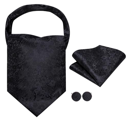Image of Hi-Tie Silk Ascot for Men Self Tie Men's Cravat and Flower Lapel Pin Handkerchief Cufflinks Set for Wedding Party