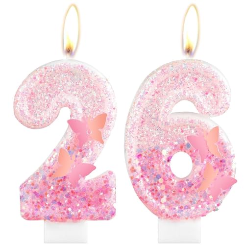 iNINGER Pink Butterfly 26th Birthday Candle, Numeral Candle Wedding Cake Topper Anniversary Party Decor