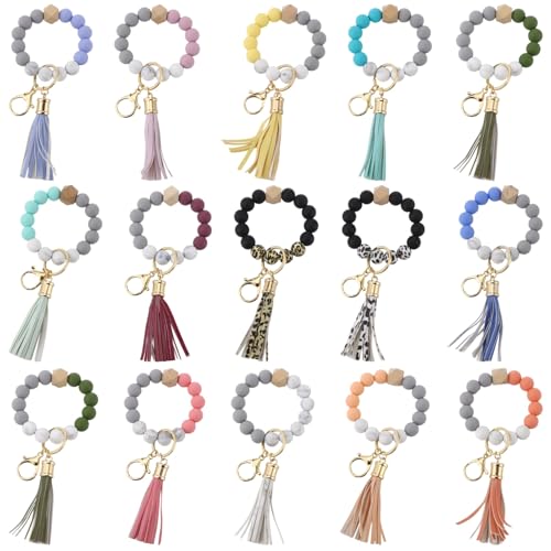 ZALIR 15 Pcs Silicone Beaded Key Ring Bracelets, Fashionable Beaded Wristlet Keychains for Women, Colorful Key Holder Bangles with PU Leather Tassel for Keys, Backpacks