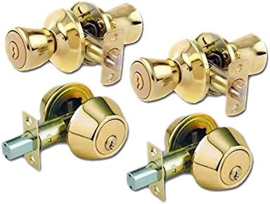 LICO0705 Tulip Style Keyed Alike Door Knob and Deadbolt Set, Polished Brass, 2-Pack