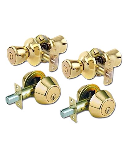 LICO0705 Tulip Style Keyed Alike Door Knob and Deadbolt Set, Polished Brass, 2-Pack