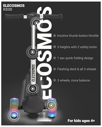 ELECOSMOS Safe Electric Scooter for Kids 4+, Balance for Beginner, Thumb Throttle, Flash Deck, Extra Wide Light Up Big Wheels, Adjustable Heights, 5 MPH Safe Speed, UL2272 Certified