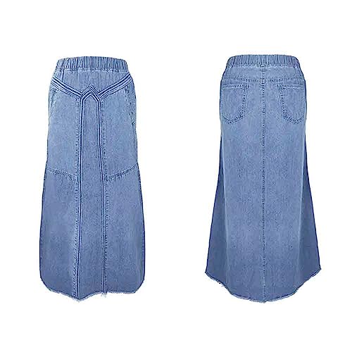 Women's Casual Elastic Large Size Women's Denim Skirt Waist Frayed Hem A-Line Distressed Hippie Long Maxi Denim Skirt2
