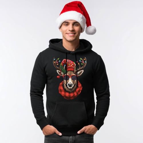 Weihnachtspullover Cooler Elch - Hoodie mit Schaal und Lichterketter - Pulli für Weihnachten für die ganze Familie - Herren & Damen (DE/NL/SE/PL, Alphanumerisch, L, Regular, Regular, Schwarz)