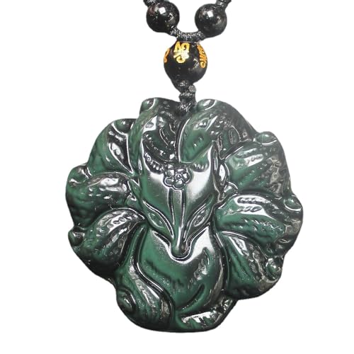 Crystal Natural Gold Silver Rainbow Obsidian Nine Tail Fox Necklace Amulet Pendant Bead with Adjustable Chain for Women Men