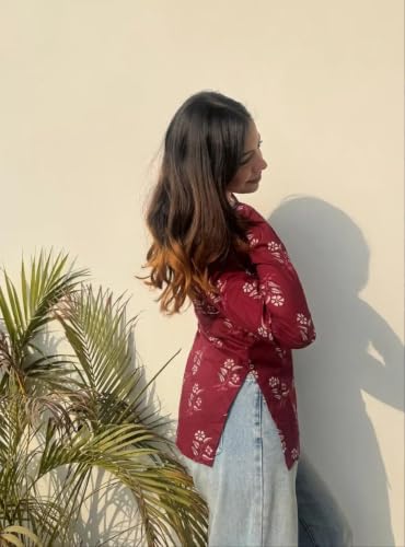Image of Women Pure Cotton Floral Printed Short Kurti | Square Neck | Full Sleeves | Stylish Ethnic Kurta | Back Tie-Up | Casual Wear Kurta