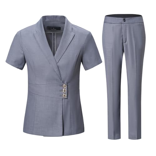 YYNUDA Women's Business Suit Set Formal Short Sleeve Double Breasted Solid Color Blazer Pantsuit