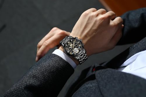 Image of OLEVS Self Winding Watches for Men Automatic Mechanical Skeleton Luxury Dress Waterproof Moon Phase Tourbillon Chronograph Stainless Steel Luminous Wristwatch