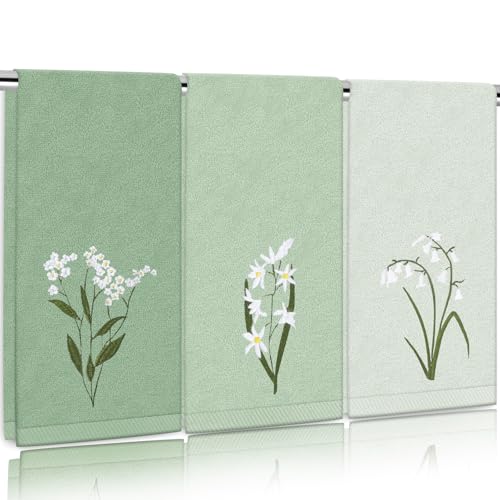 FYSUIMU 3 toallas de mano verde salvia de 29.5 x 13.7 pulgadas, toallas de baño de algodón bordado floral verde degradado, toalla de baño absorbente, decoración de baño para secar las manos, limpiar y
