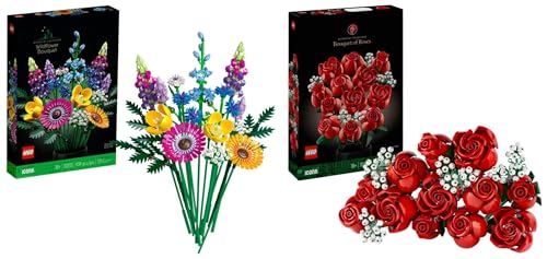 Image of LEGO Icons Wildflower Bouquet 10313 Building Set (939 Pieces), Multi Color, Icons Bouquet of Roses Building Set 10328 (822 Pieces)