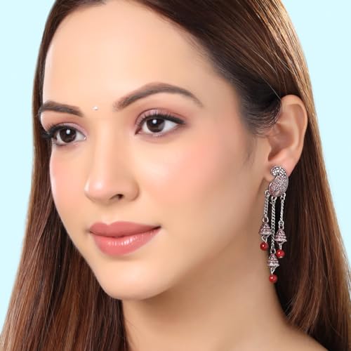 Image of Yellow Chimes Earrings for Women and Girls Traditional Silver Oxidised Jhumka German Silver Earring Set Dome Shaped Dangler Jhumki Earrings Combo | Birthday Gift For Girls and Women