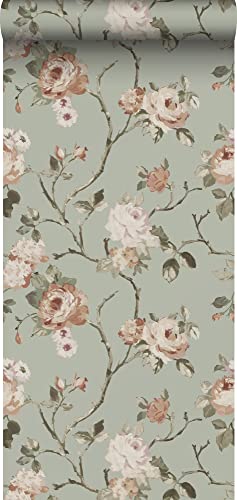 ESTAhome papier peint fleurs vintage vert menthe grisé et rose clair - 139291-53 cm x 10,05 m Cover