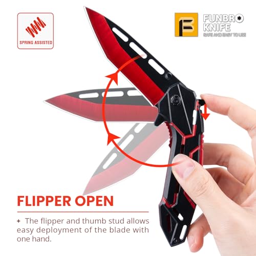 Image of FUNBRO Pocket Knife for Men, Spring Assisted Folding Knife with 3.4 inch Stainless Steel Sharp Blade, Cool Flipper Open EDC Knives with Clip for Outdoor Camping Hiking, Gifts for Him Dad Husband (Red)