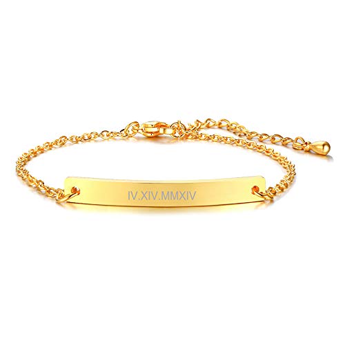 Personalized Engravable Stainless Steel Thin Bar Bracelet ID Bracelets for Women Girl, Customized Jewelry for Female,Gold Plated