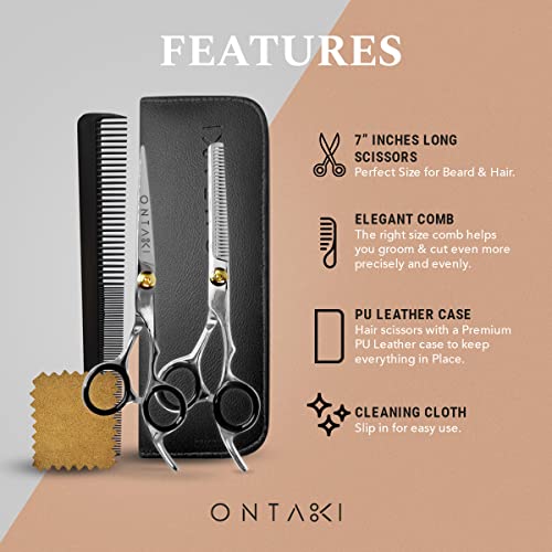 Ontaki Hair Shears & Thinning Scissors Kit - 7-Inch, Silver Japanese Steel - Precision Hair Cutting Scissors for Professionals & Home Stylists with Styling Comb & Pouch - Image 6