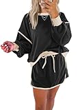 miduo Womens 2026 Fashion 2 Piece Matching Set Loose Long Sleeve Color Block Sweatsuit and Mini Skirt Sets Outfit Clothing Skort Sets Tracksuits Black XXL