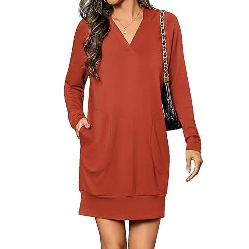 Totatuit Women Oversized Hoodies Dress Casual Long Sleeve V-Neck Hooded Sweatshirt Dress with Pockets 2025 Fall Outfits Brick Red Large