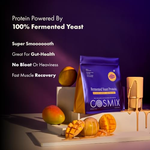 Image of Cosmix Fermented Yeast Protein Powder | 24g Protein | Made with Real Mango | High Absorption with PDCAAS of 1 | No Dairy | Made In-House | Smooth, Tasty & Gut-Friendly | Ratnagiri Mango, 1Kg Pouch