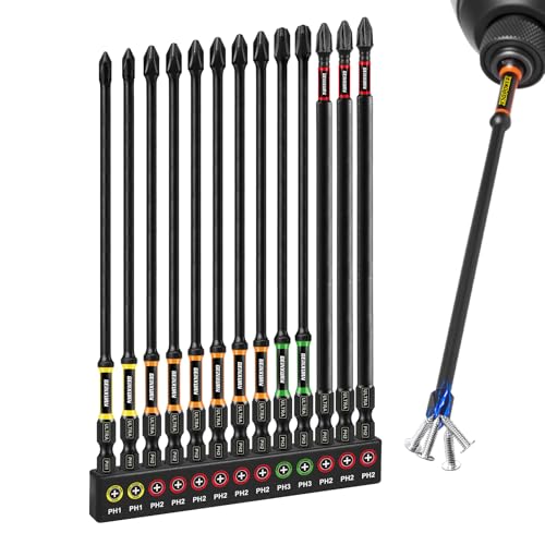 Geinxurn Double Impact #1#2#3 Phillips Screwdriver Bits Set 13pcs 150 mm (PH1/PH2/PH3) Magnetic D2 Steel Long Extension Driver Bits Set with Color Coded Base