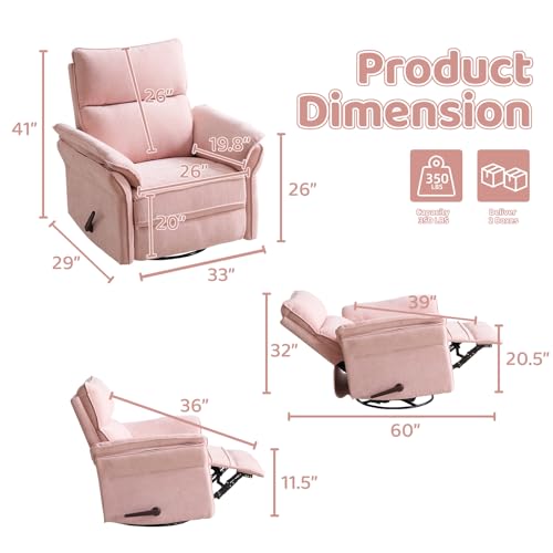 Image of Oversized Swivel Rocker Recliner with Adjustable Headrest, Rocking Chair Nursery with Overstuffed Armrest, Manual Rocker Recliner Nursery Chair for Living Room, Pink