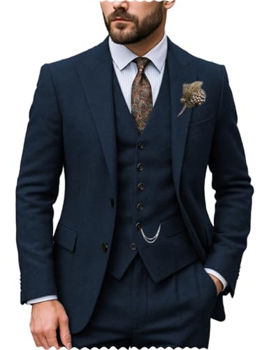 Men's Suits Tweed Wool Vintage British Regular Fit 3 Piece Business Jacket Blazer+Vest+Trousers Wedding3
