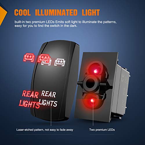 Nilight Rear Lights Rocker Switch Led Light Bar Switch 5Pin Laser On/Off Switches Red 20A/12V 10A/24V Switch With Jumper Wires Set For Cars,Trucks,Rvs,2 Years Warranty #TOP3