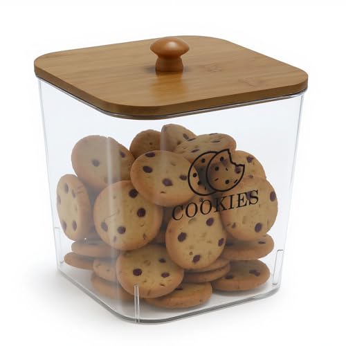 Gzsekken Biscuit Tin with Wooden Lid, 2L Plastic Cookie Jar for Kitchen, Airtight Biscuit Barrel with Wide Mouth, Sweet Jars for Candy Buffet, Food Storage Container for Biscuits and Snacks, BPA-Free