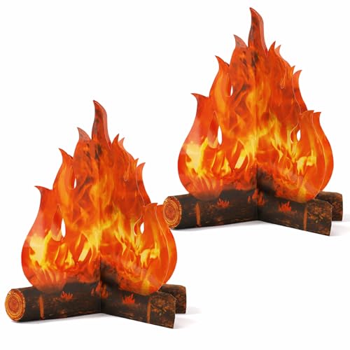 2 Set Fake Fire 12 Inch 3D Fake Campfire Flame Decoration Paper Artificial Cardboard Fireplace Campfire Centerpiece Artificial Realistic Fire Props for Camping Beach Campfires Party Decorations