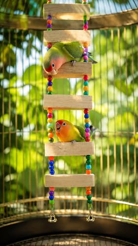 Image of Raindrops Bird Ladder Toy for Cage - Wooden Climbing Ladder with Colorful Beads & Bell|Bird Enrichment Toy for Budgies|Lovebirds & Small Birds|Training aid Toy (Heigth14 inch)