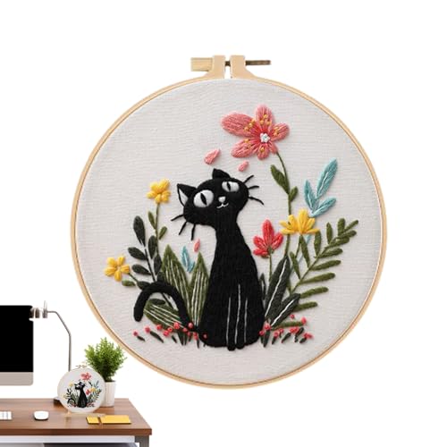 Generisch Bordado de gatos: kit de manualidades para principiantes con de bordar y herramientas | Juego de bordado a mano para adultos, relajación creativa, juegos de manualidades para gatos