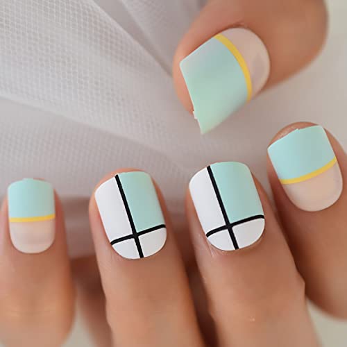 Daily Geometric Press On Nails Short Green Matte Squoval False Nails Artificial Fingernails Short Round Tips #TOP4