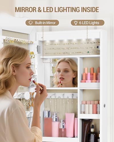 Hzuaneri Espejo Joyero de Pared Armario para Joyas e 6 LED, Montar en Pared o Puerta, con Candado, Espejo Interior, para Pendiente Collar, Blanco JC36603BE - imagen 2