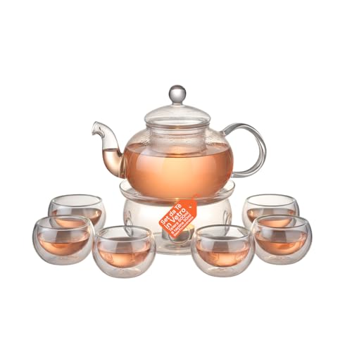 Avilia - Teiera in Vetro 600ml con Infusore e Base Portacandela, Set con 6 Tazzine Resistenti al Calore, Ideale per Tè Sfuso e Infusi, Elegante Idea Regalo Raffinata