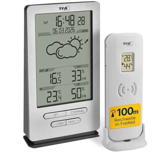 TFA Dostmann Digitale Funk Wetterstation mit Außensensor, 35.1162.10, Innen und Außenklima, mit Sender, Wettervorhersage, inkl Funkuhr, Temperatur/Luftfeuchtigkeit, Amazon Exklusiv, grau