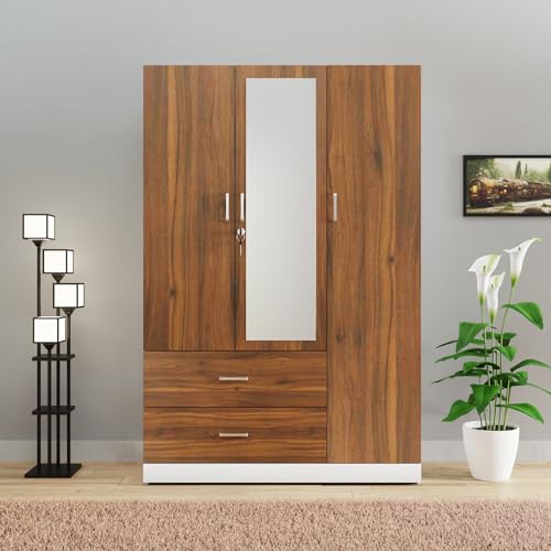 Image of VIKI Wardrobe | Wooden Almirah for Clothes,Door for Bedroom, 3 Door Wardrobe with Drawer, Mirror & Hanging Space (White & Walnut - 40D x 120W x 180H) | 1 Year Warranty | Free Assembly