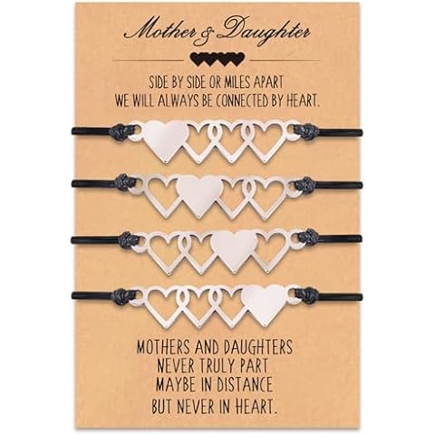 Mother Daughter Bracelets Set for 2,3,4, Mothers Day Gifts for Mom from Daughter, Matching Heart Wish Bracelets for Mom Daughters (4-heart) Cover
