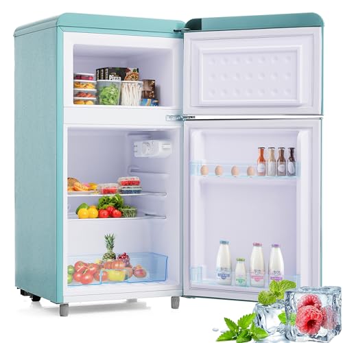 Merax Kühlschrank mit Gefrierfach, Kühl-Gefrierkombination, 72 Liter Doppeltür-Kühlschrank mit 21L Gefrierschrank, 39dB, LED, Glasablagen, Gemüsefach, Türablagen, für Küche, Wohnzimmer, Büro, Cyan