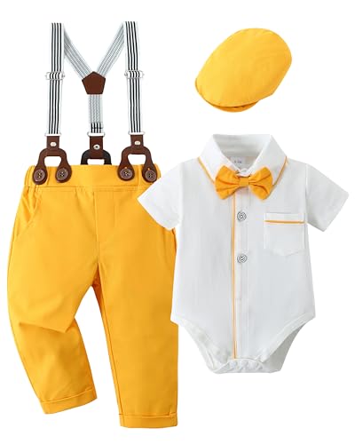 Image of CARETOO Baby Boy Clothes Suit Infant Gentleman Boy Outfits,Dress Shirt+Bowtie+Suspender Pants Set 0-18 Months(Yellow,3-6Months)