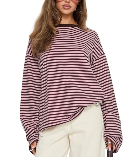 FeMereina Gestreiftes Langarm-Shirt für Damen, Y2K, übergroßer Rundhalsausschnitt, Vintage-Top, Herbst, Winter, überschnittene Schultern, niedlicher adretter Pullover, rose, S