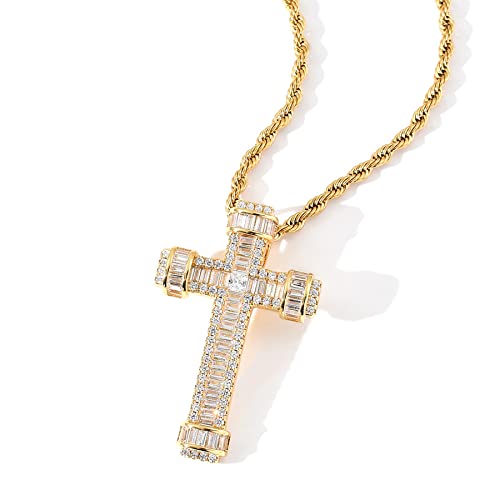 STARCHENIE Cross Necklace for Men Brass Gold Plating Cubic Zirconia Cross Pendant Jesus Christ Jewelry 24'' Rope Chain3