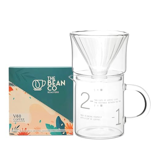 Image of THE BEAN CO Roasters Pour Over Set-Coffee Dripper Combo|Double-Walled Glass Dripper with 450ml Carafe & V60 Paper Filters (50 pcs)|Home Barista Coffee Accessory|Pour Over Set for Cafe-Style Brewing