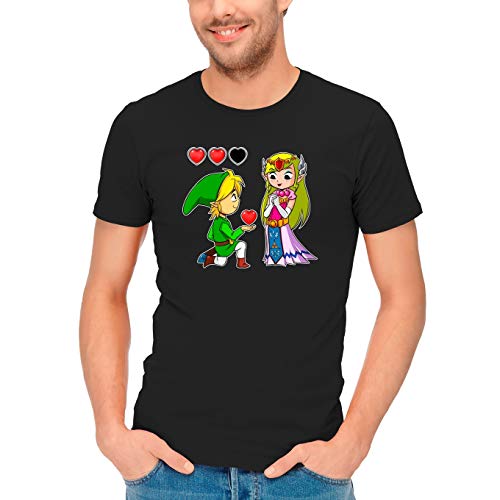 Okiwoki T-Shirt Noir Zelda parodique Link et Zelda : Un héros aux Grands Coeurs (Parodie Zelda)