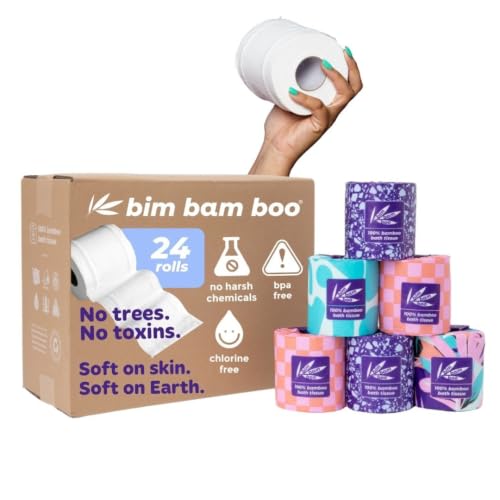 Bim Bam Boo 100% Bamboo Organic Chemical-Free Bulk Toilet Paper Cloud-like Softness Plant-Based Sustainable Tree-Free Bathroom Tissue 24 Eco-Friendly Rolls 2 Ply 295 Sheets for RV and Camping