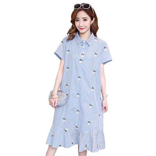 AKDSteel Pregnant Dress, Women Stripe Embroidered Short Sleeve Maternity Shirt Dress for Pregnant Blue L Comfort Mother Care Supplies